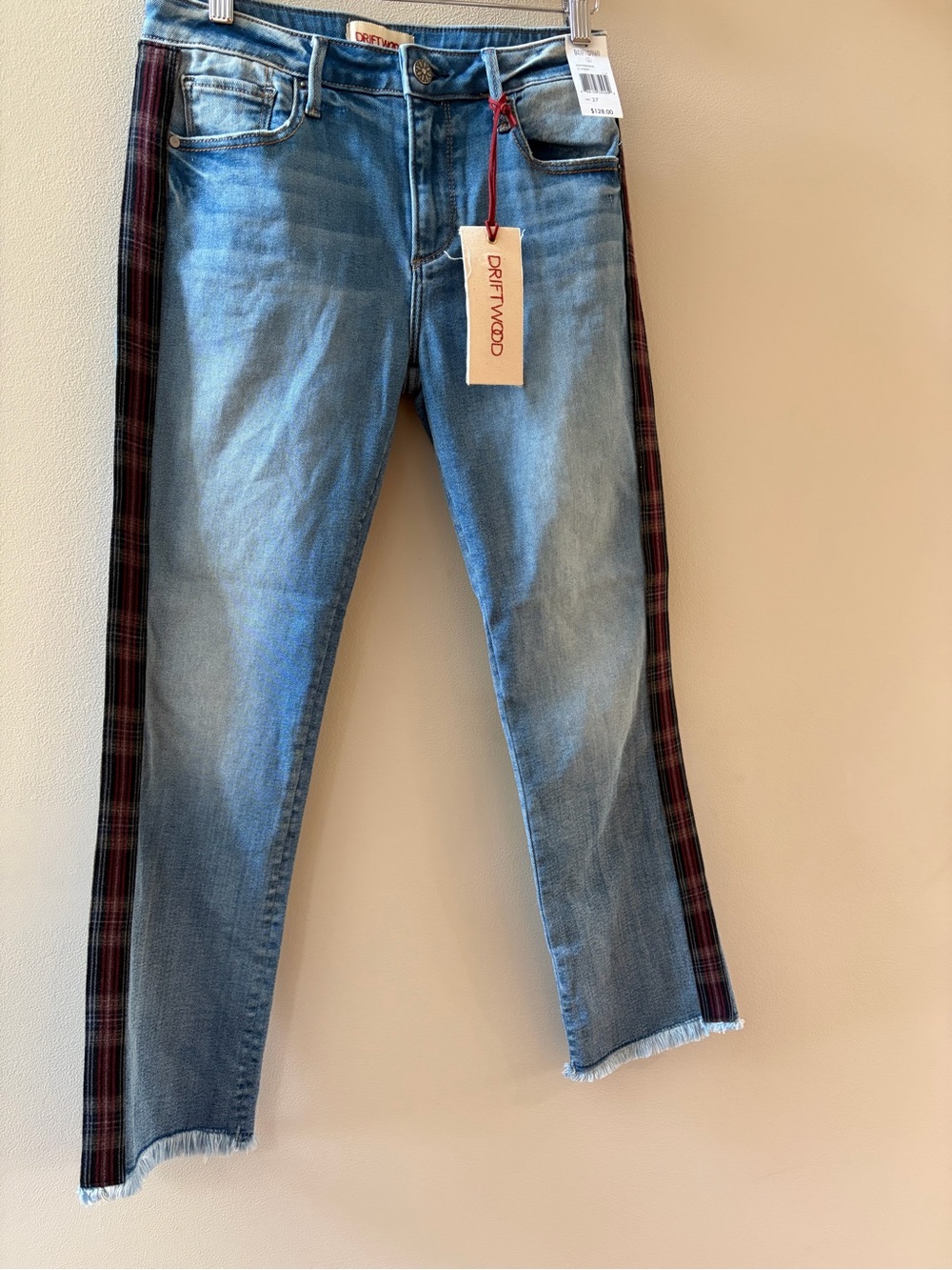 DRIFTWOOD Colette Light Blue Ankle Jeans with Plaid Side Stripes Size W 27 L 26